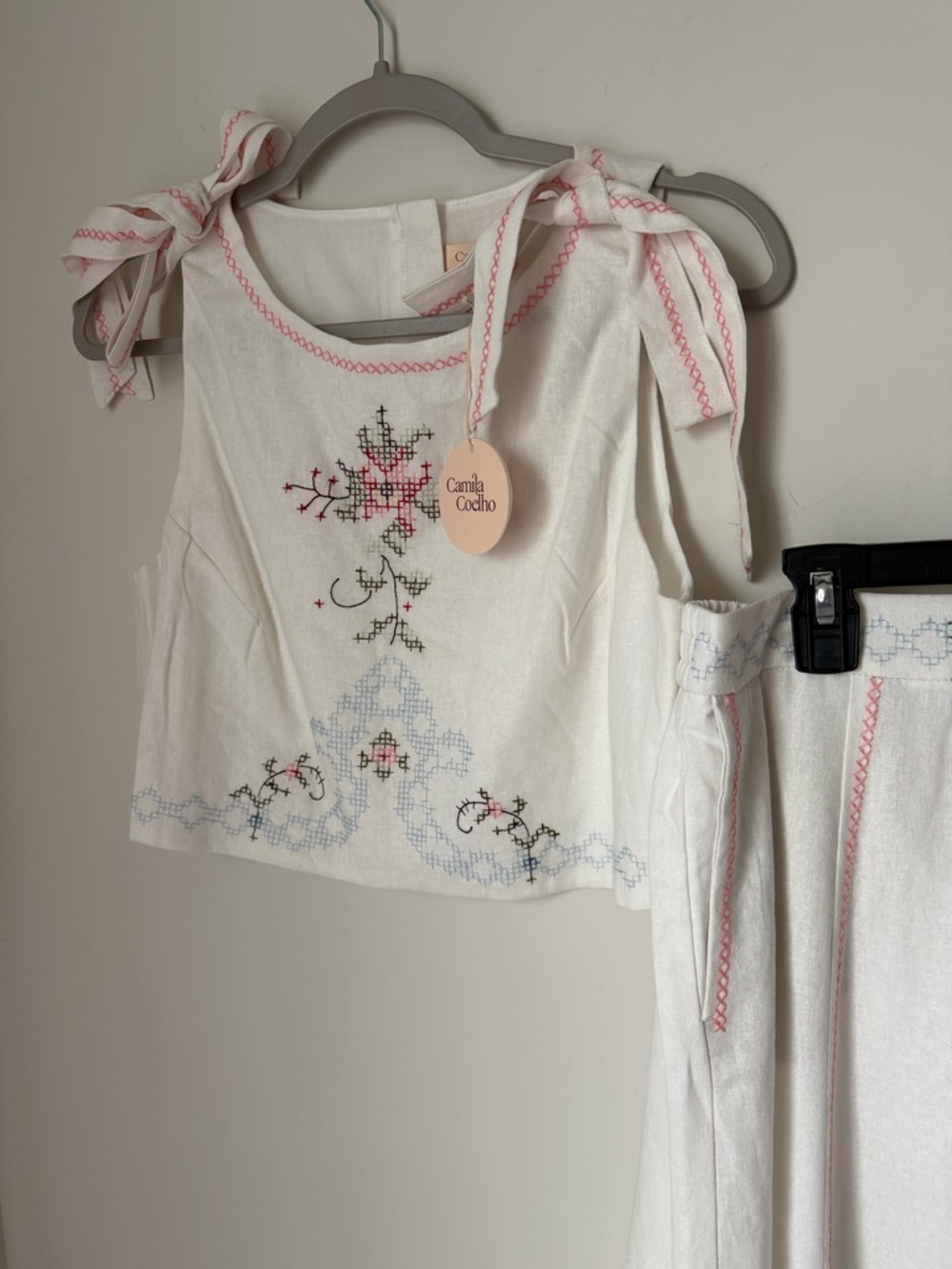 Camila Coelho White Embroidered Maxi Skirt Set with Pink Accents - Picture 3 of 10